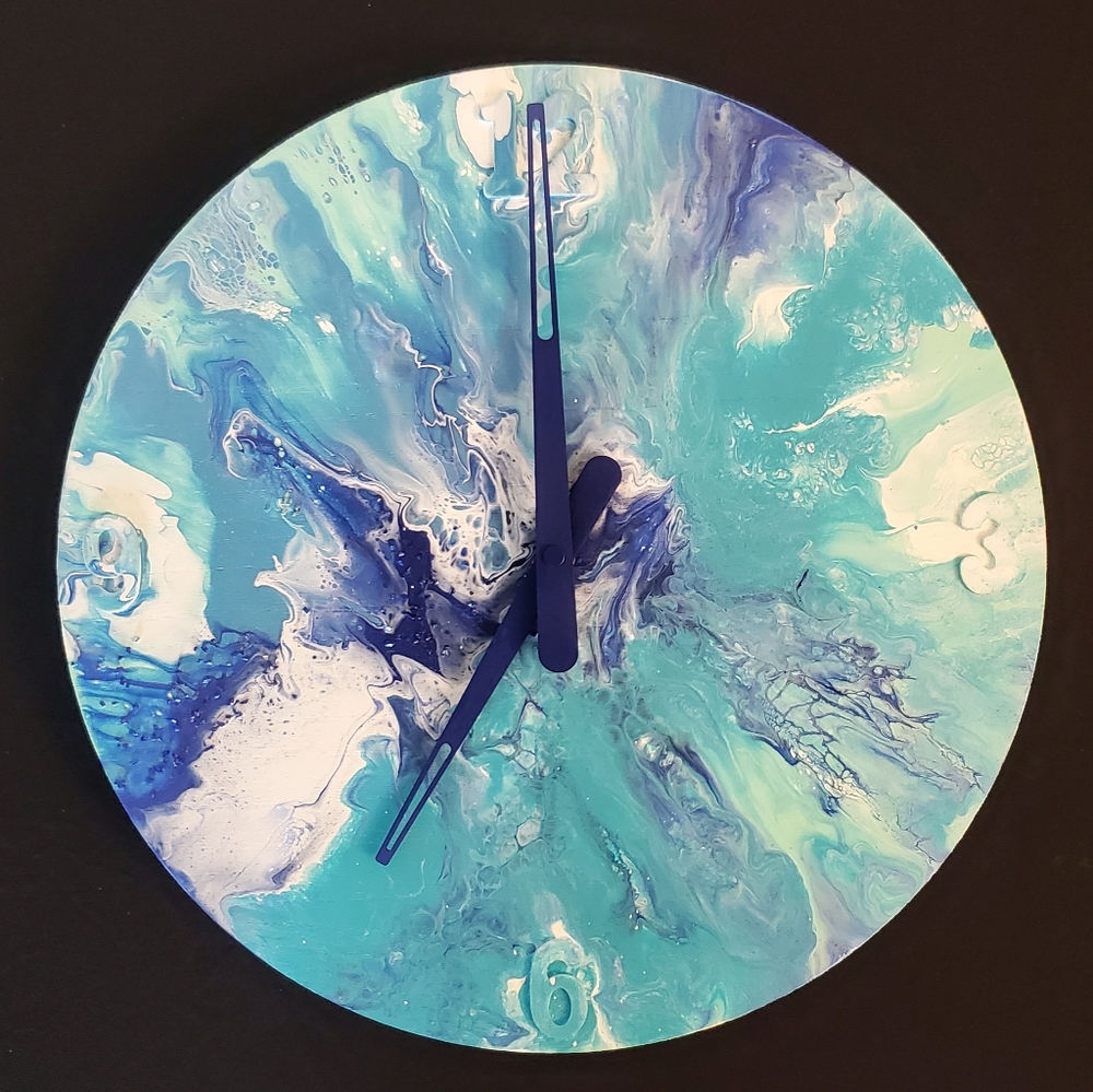 15" Circular Hand-Painted Wall Clock, Blue, White